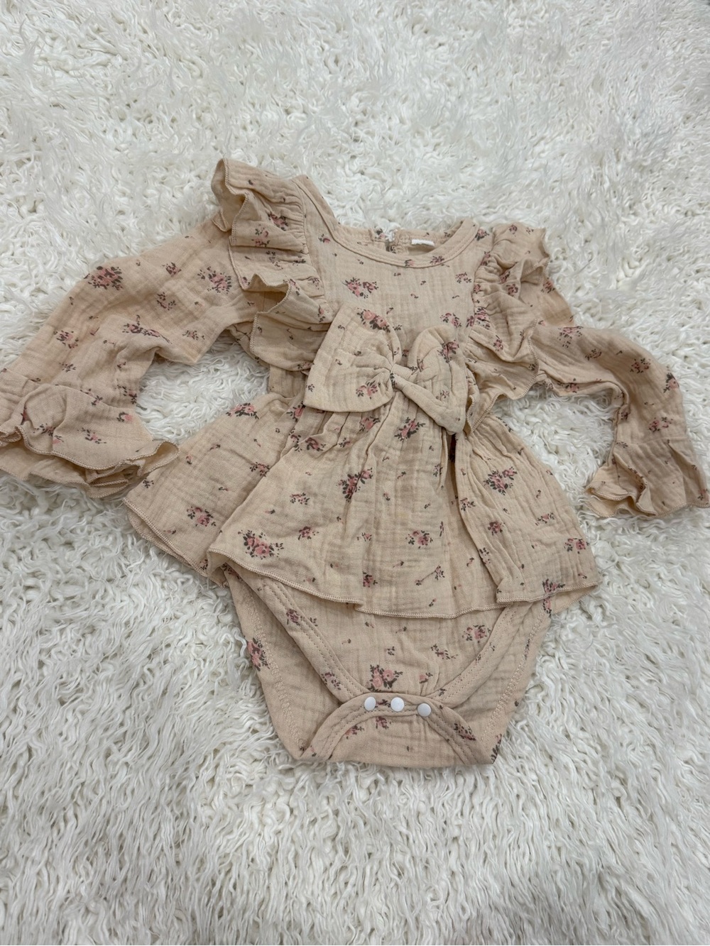Girls Floral Ruffle One-Piece Romper in Beige